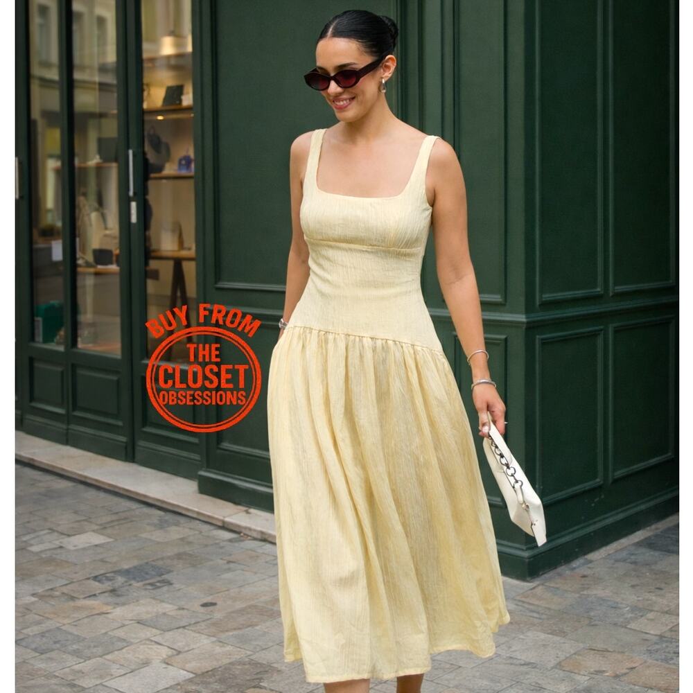 ZARA Yellow Textured Midi Dress NWT Square Neck Open Back Cottagecore Size S - Picture 8 of 16